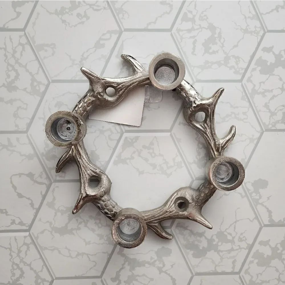 Pewter Metal Candlestick Deer Antlers Elk In A Circle For Four Candle 4 7.5" R